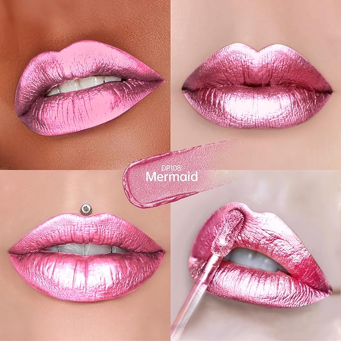 3Pc Lipsticks Set for Women Metallic Lipstick Long Lasting Dark Red Pink Burgundy Lip Gloss, Metal Shine Lightweight Hydrating Full Coverage Lip Color, DP101/104/108
