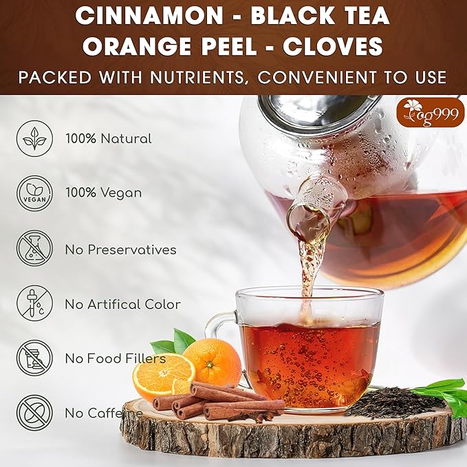 TOG999, 120 Tea Bags – Special Blend of Cinnamon, Black Tea, Orange Peel and Cloves, 100% Natural Ingredients, Hand-made Blend Herbal Tea. Eco-conscious Tea Bags. No Sugar, No Caffeine, No Gluten, Vegan.
