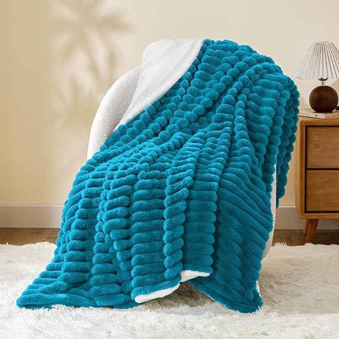 INFIIXSO Sherpa Throw Blanket for Couch - Super Soft & Warm Striped Fleece Blanket, Cozy Plush Fluffy Blanket All Season Use (Teal, 50x60 Inches)