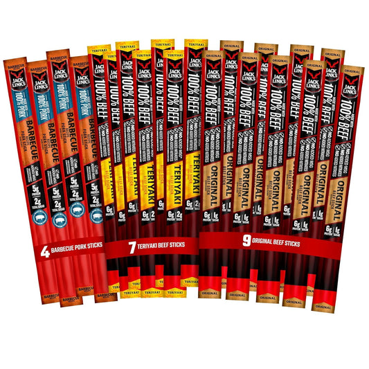 Jack Link's Meat Sticks Variety Pack, Original, Teriyaki, and Barbecue Pork - Protein Snack, Meat Snack Sticks Made with 100% Beef or Pork, Keto Friendly - 0.92 Oz. (20 Count)