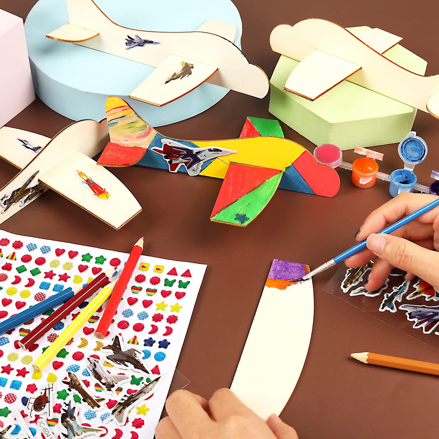 BAPHILE 12 Pack DIY Wood Planes，Mini Airplane Paint and Decorate Wooden Airplane Craft Kits with Decorate Tools for Kids School Craft Decor Projects