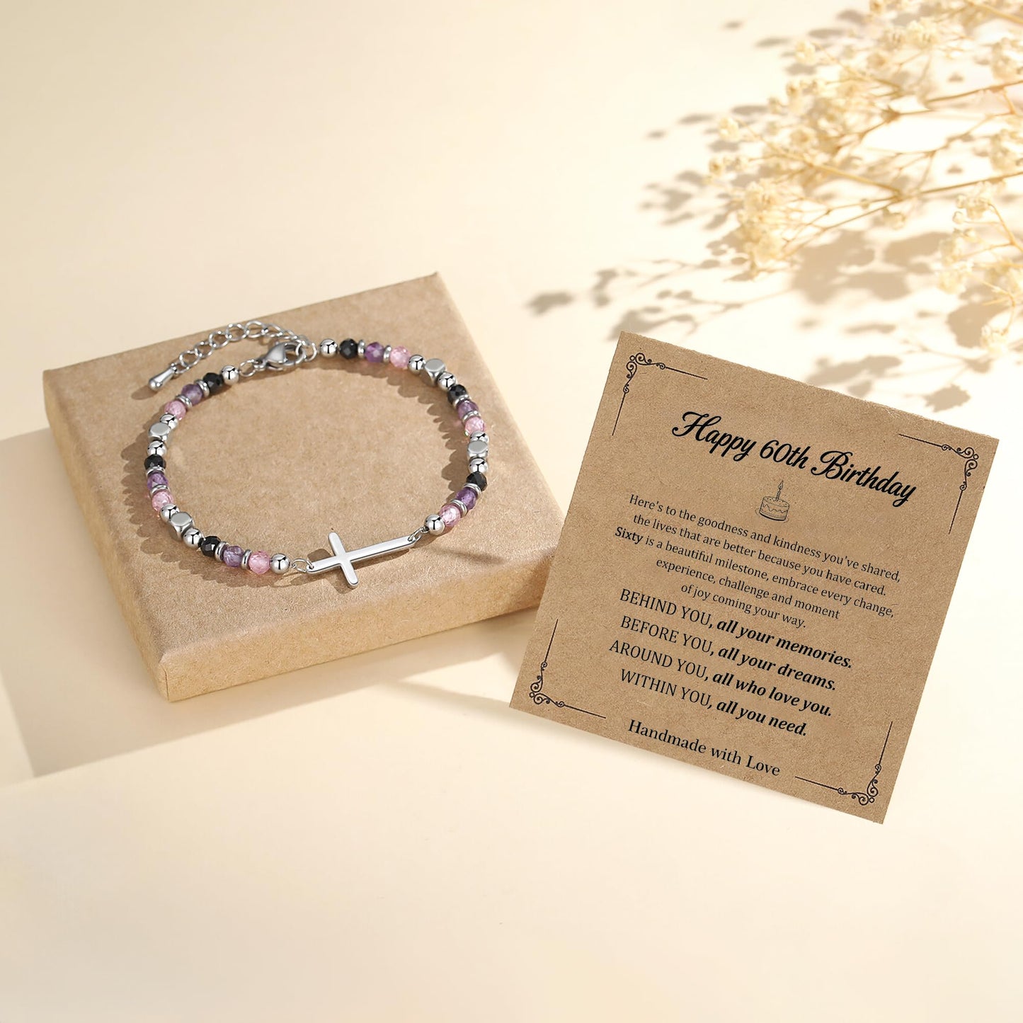60th Birthday Gifts for Women, 60th Birthday Decorations, Dainty Christian Cross Bracelet – Adjustable Anxiety Relief Friendship Jewelry for Friend, Sister, Mom