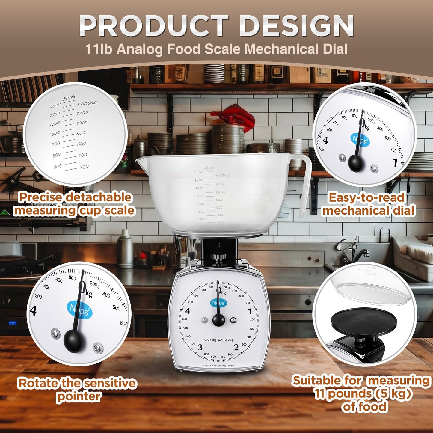Sabary 2 Pcs 11lb Analog Food Scale with Removable Measuring Cup Kitchen Mechanical Weighing Dial Scale for Novice and Experienced Cooks Cooking, Baking, Food Preparation
