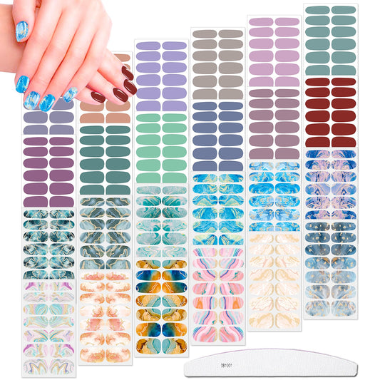 JERCLITY 336 Pieces 24 Sheets Women's Full Wrap Marble Nail Polish Strips Stickers Self-Adhesive Solid Color Gel Nail Strips Decals with Nail File for Women Girls Nail Decorations (Trendy Style)