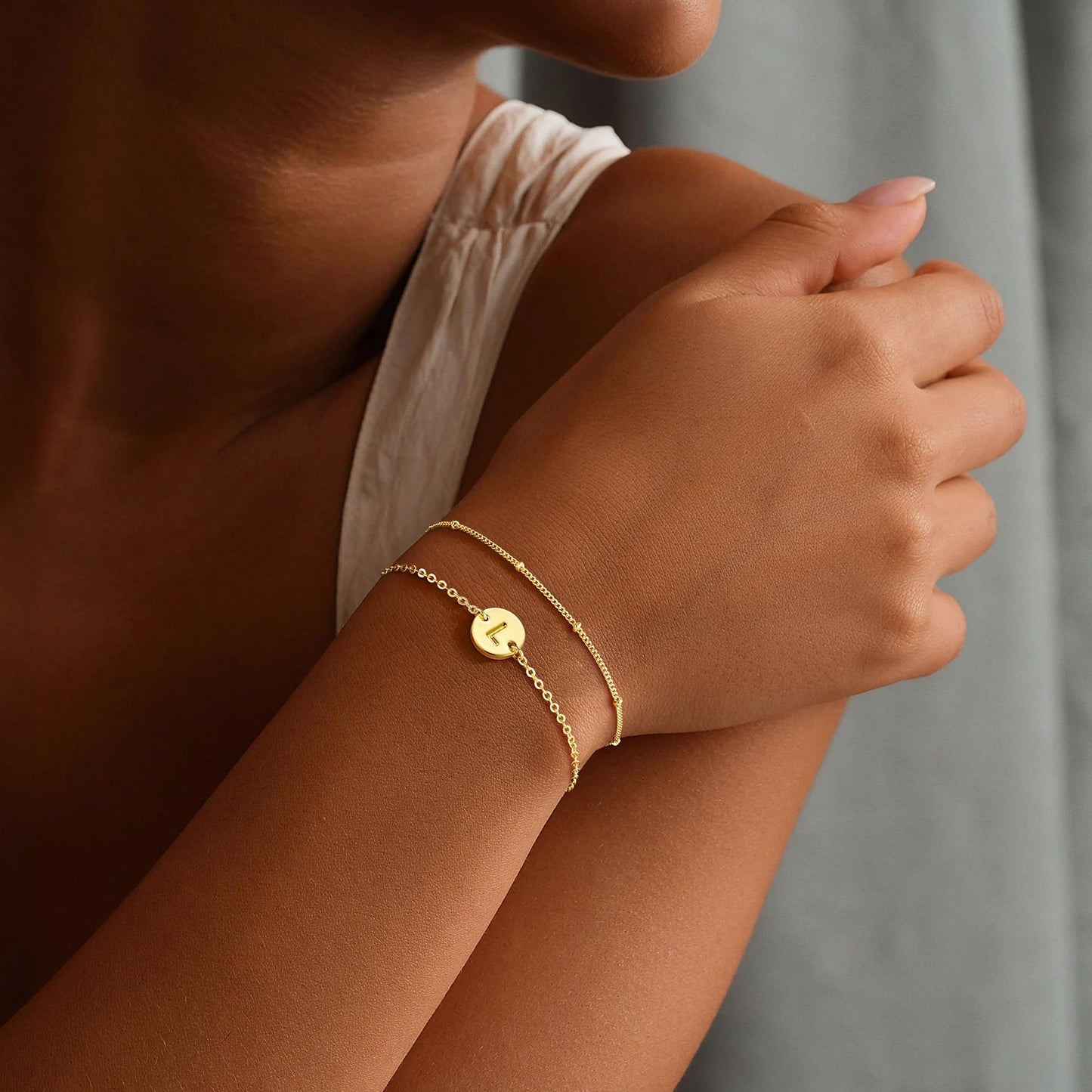 MONOZO Gold Initial Bracelets for Women, Dainty 14K-Gold-Plated Layered Beaded L Letter Initial Bracelet Personalized Alphabet Disc Monogram Charm Bracelet Jewelry Gifts