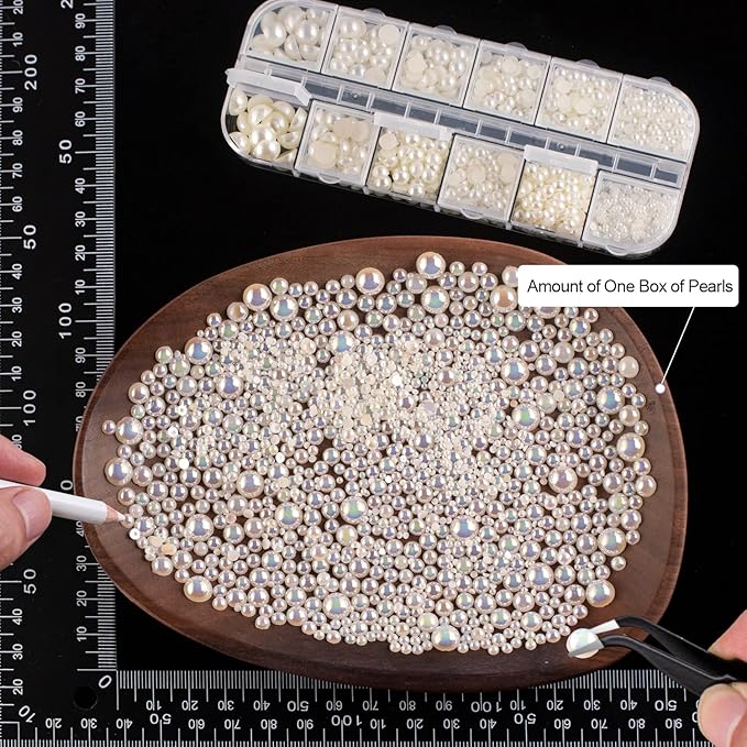 4000PCS Flatback Rhinestones and Half Round Pearls Kit #3, Multi Size Glass Clear & AB Crystals, Plastic Flat Back Beige AB Dome Bead with Pickup Pencil and Tweezer for Nail Art