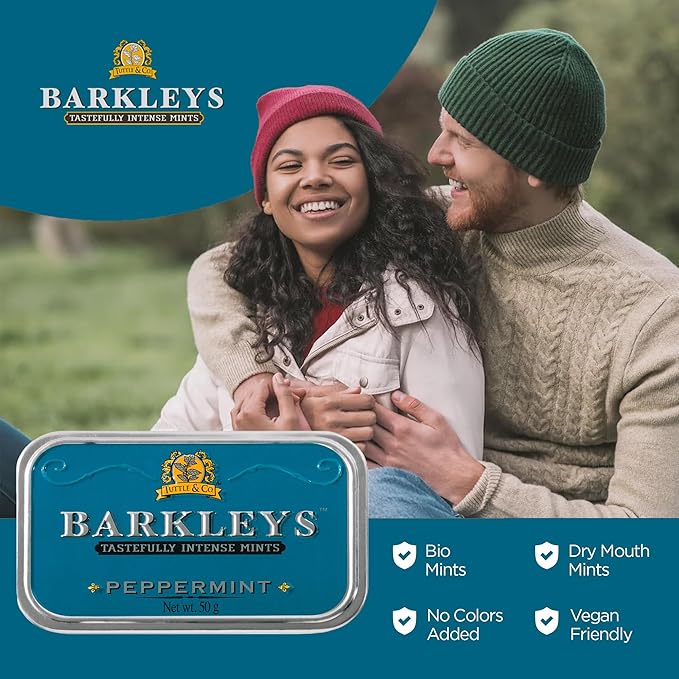 Barkleys Peppermint Breath Mints - Breath Mint, Mints Travel Size, After Dinner Mints, Peppermints Breath Freshener, Peppermint Candy in Reusable Classic Travel Tins, Vegan, 6 Pack - 50 Count Each