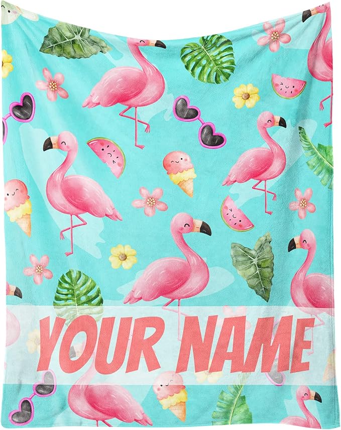 Custom Flamingo Blankets Gifts with Name - 30 x 40 Inches Cute Throw for Boys - Green Soft Fuzzy Plush Flamingo Blankets for Chair