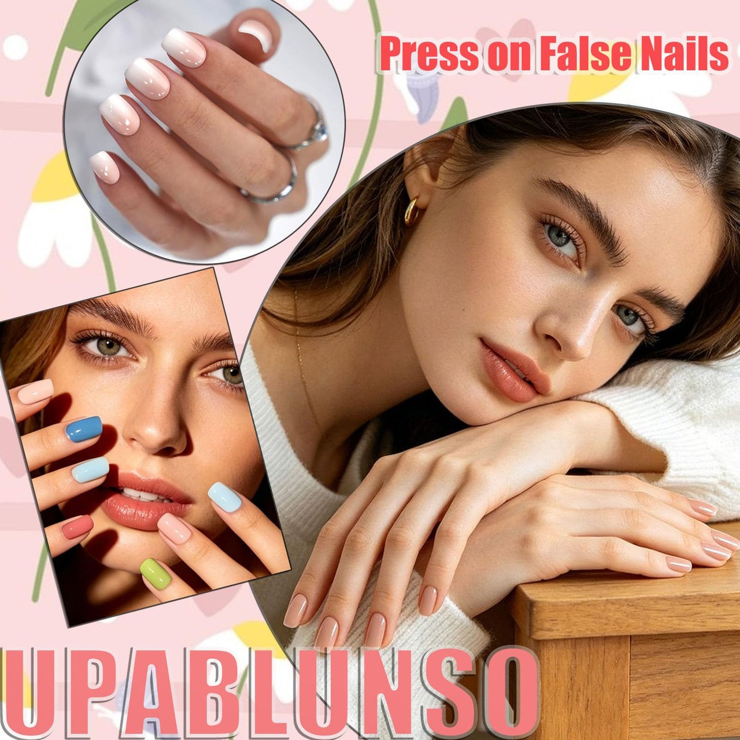 Transparent Press on Nails Short Square Acrylic Fake Nails Light Pink Transparent Design False Nail Press ons Chrome Manicure Set for Women 24Pcs