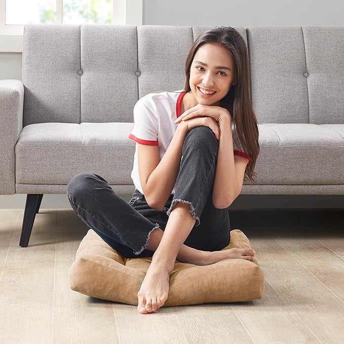 Meditation Floor Pillow, Square Large Pillows Seating for Adults, Tufted Corduroy Floor Cushion for Living Room Tatami, Coffee Brown 22x22 Inch, 1 Count (Pack of 1)