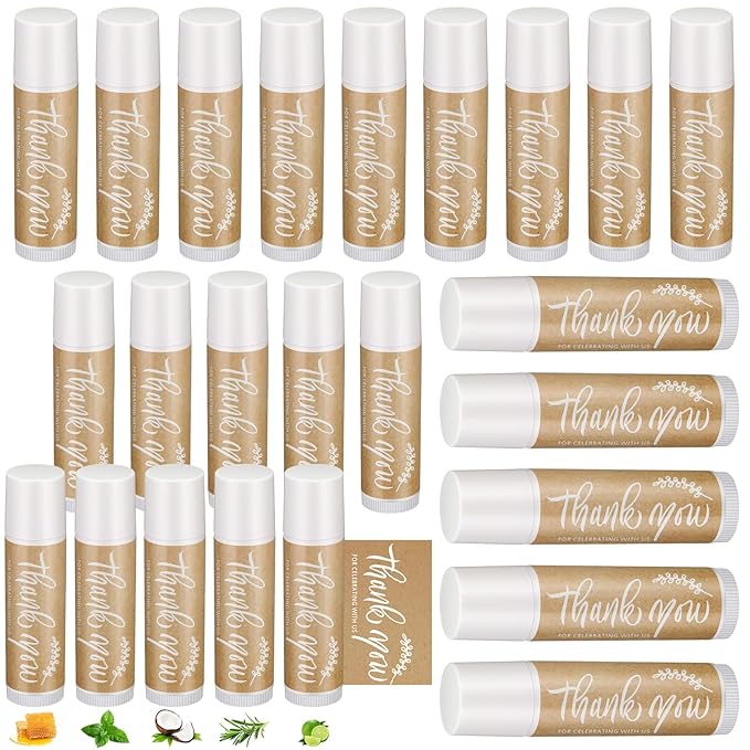 Leelosp Wedding Thank You Lip Balm Bulk Small Natural Moisturizing Mini Balm Lip Care Product Include Organza Bag and Appreciation Card for Women Baby Shower Favors, 5 Fragrance(15 Sets)