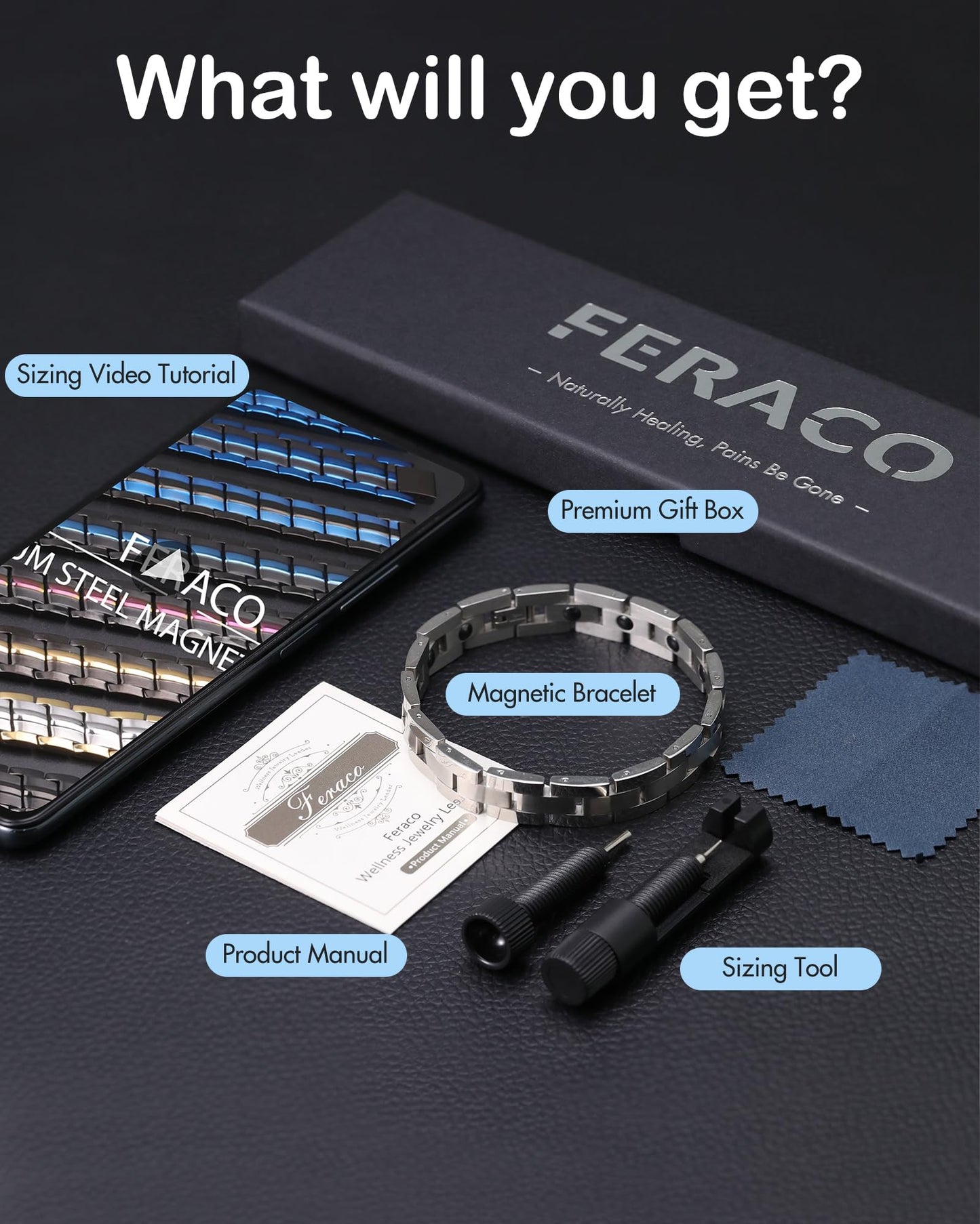 Feraco Magnetic Bracelets for Men Sleek Titanium Stainless Steel Magnetic Therapy Bracelet with Sizing Tool, Jewelry Gifts for Men (Silver)
