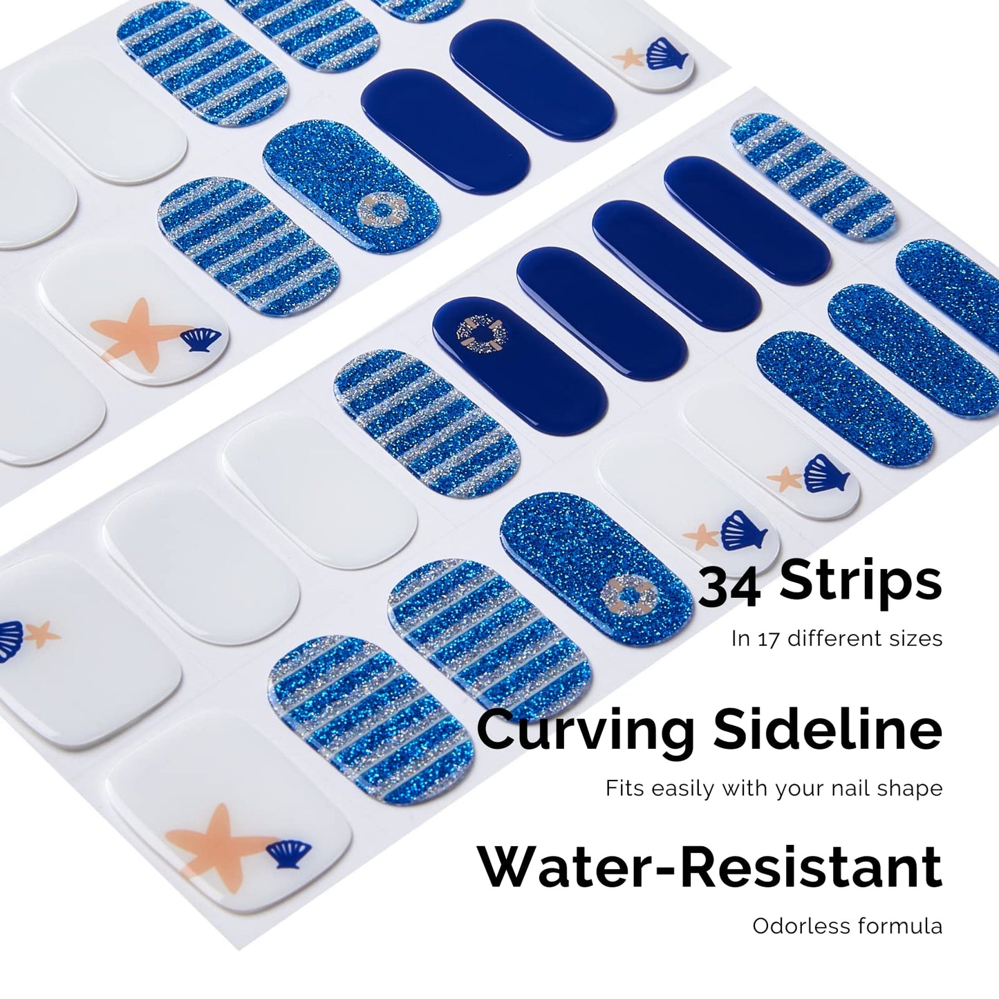 NAILOG Semi Cured Gel Nail Strips for Summer 34 pcs, Buy 2 Get 1 UV Lamp, Salon-Quality Nail Strips with Soft Gel Finish | Marine Story