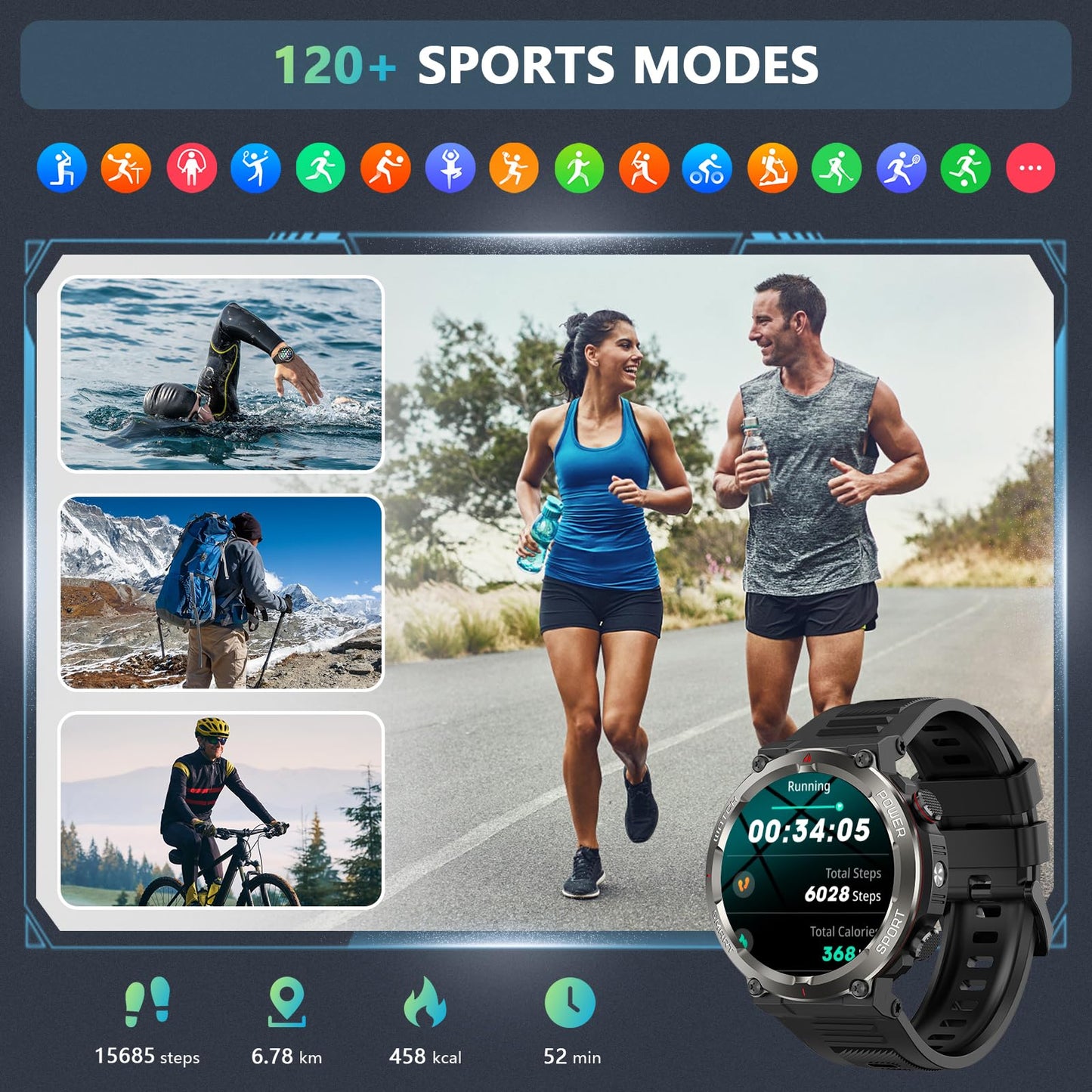 Military Smart Watch for Men, 100 Days Battery/Led Flashlight/Compass/2 Straps/IP68 Waterproof Smart Watches for Men, Tactical Smart Watch Outdoor, Answer/Make Calls Fitness Tracker for iPhone/Android