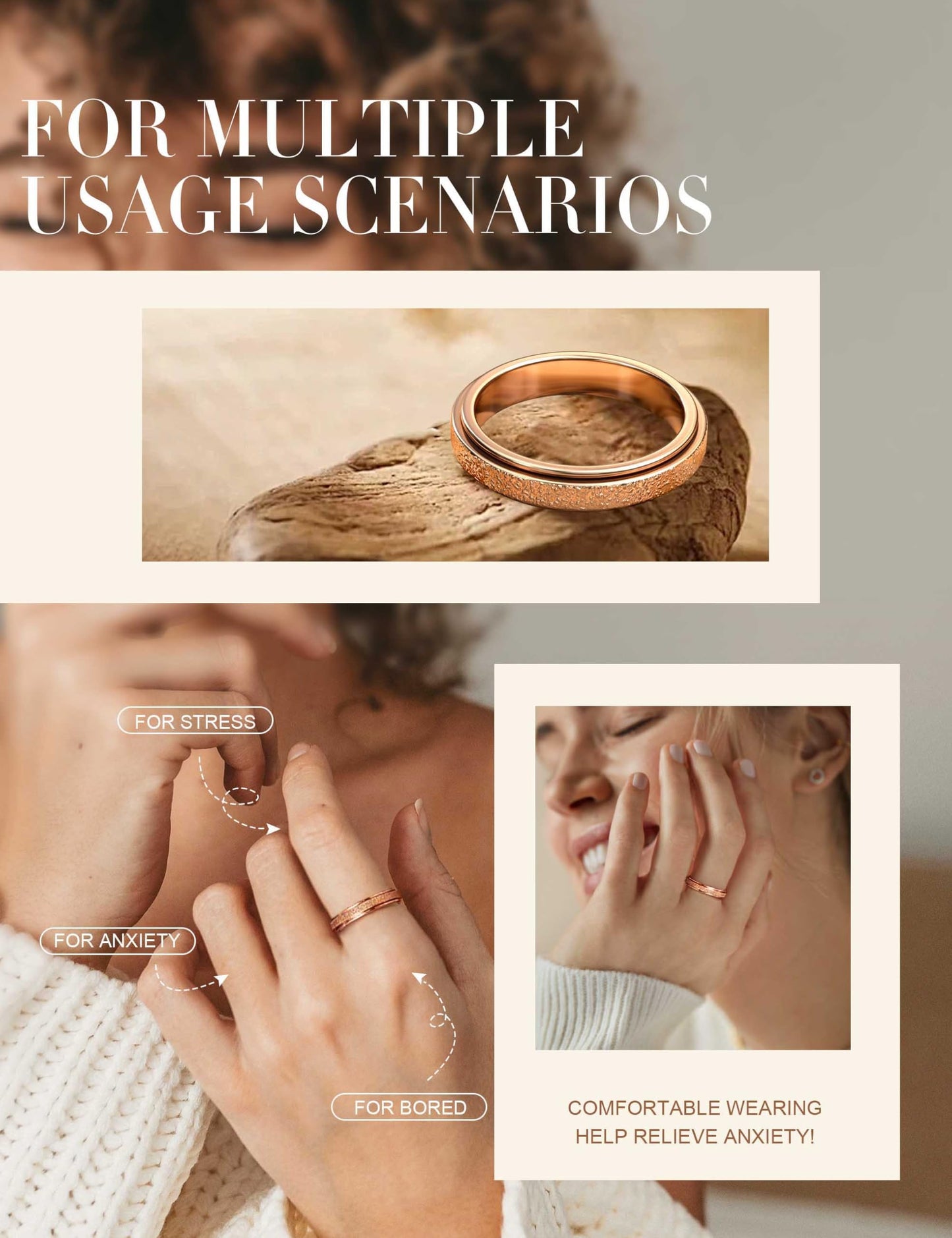 Diamday Fidget Rings for Women Men - 4mm Rose Gold Spinner Stainless Steel Ring for Anxiety Stress Relief Glitter Sandblast Spinning Figit Anxiety Jewelry for Wedding Promise Size 9