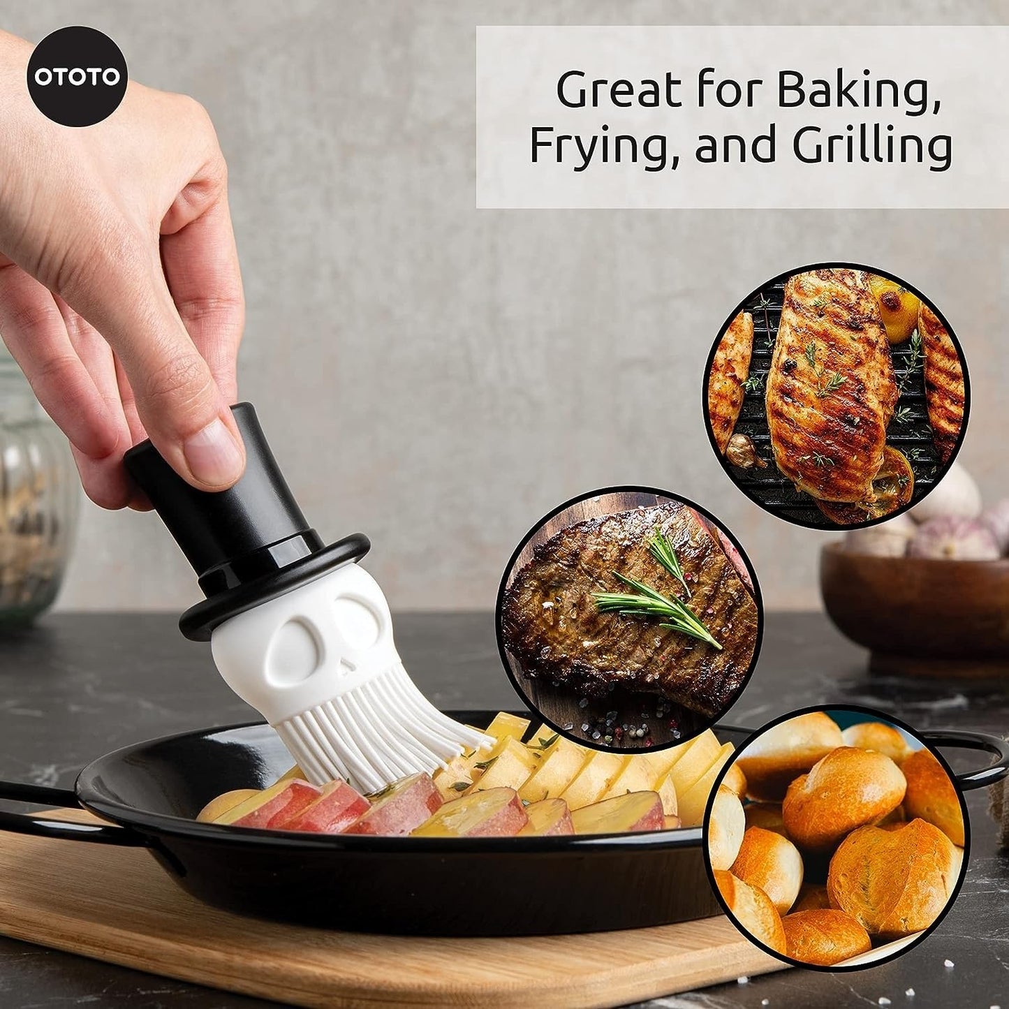 OTOTO Skully Basting Brush - Food Basting Brush for Cooking, Halloween Gifts, Gothic Kitchen Brush, Spooky Gifts, Skull Kitchen Accessories
