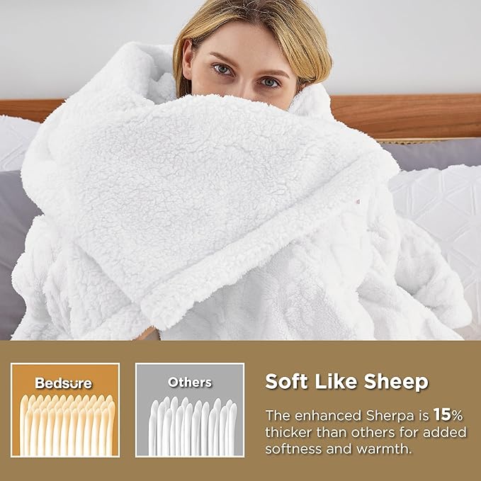 Bedsure Sherpa King Size Blanket for Bed- GentleSoft Fleece Fluffy & Cozy Cable Jacquard Tufted for Women Gift, Thick and Warm Blankets for Winter, White, 108x90 Inches