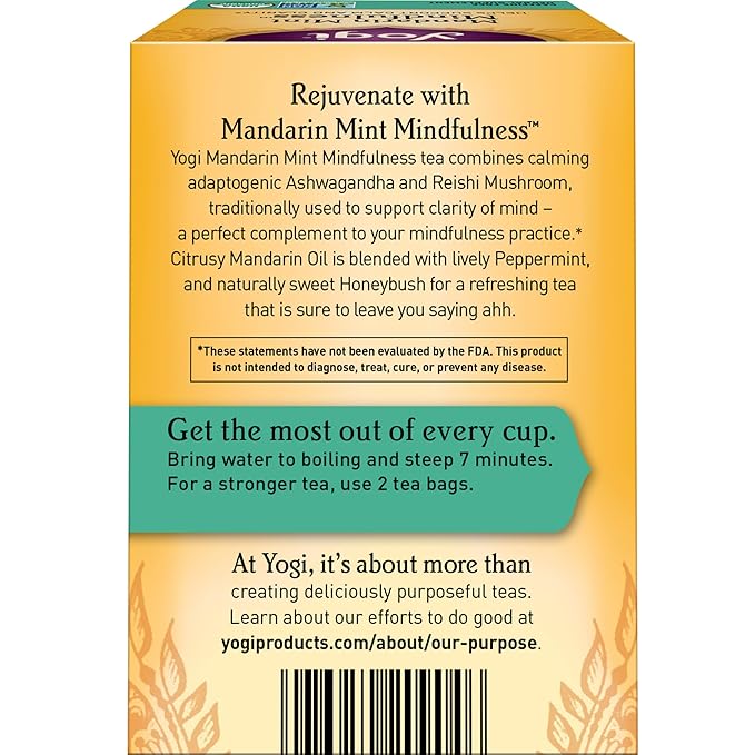 Yogi Tea Mandarin Mint Mindfulness - 16 Tea Bags per Pack (6 Pack) - Organic Mandarin Mint Tea - Calming Herbal Tea - Includes Ashwagandha, Reishi Mushroom, Mandarin, Peppermint & More