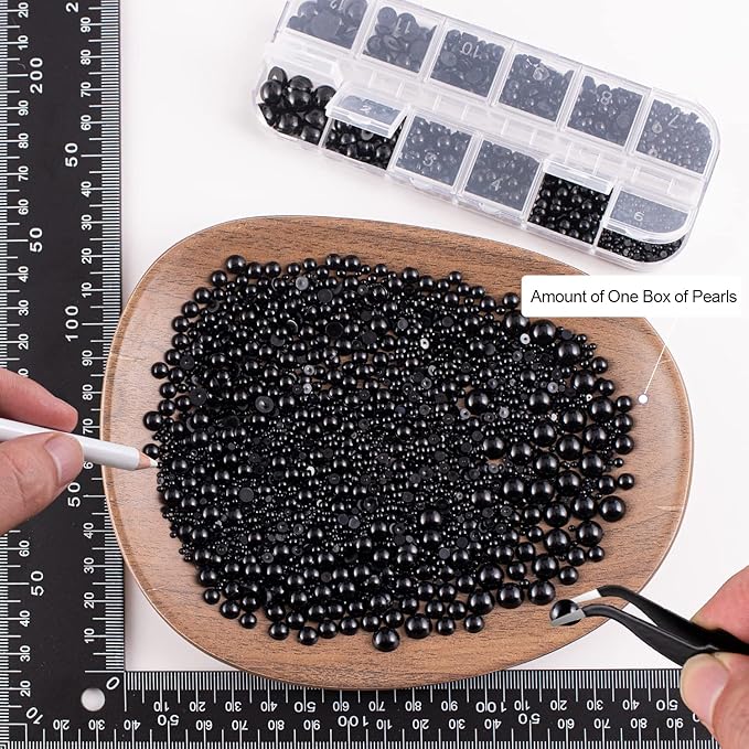 4000PCS Flatback Rhinestones and Half Round Pearls Kit #27, Multi Size Glass Clear Crystals, Plastic Flat Back Black Dome Bead with Pickup Pencil and Tweezer for Nail Art