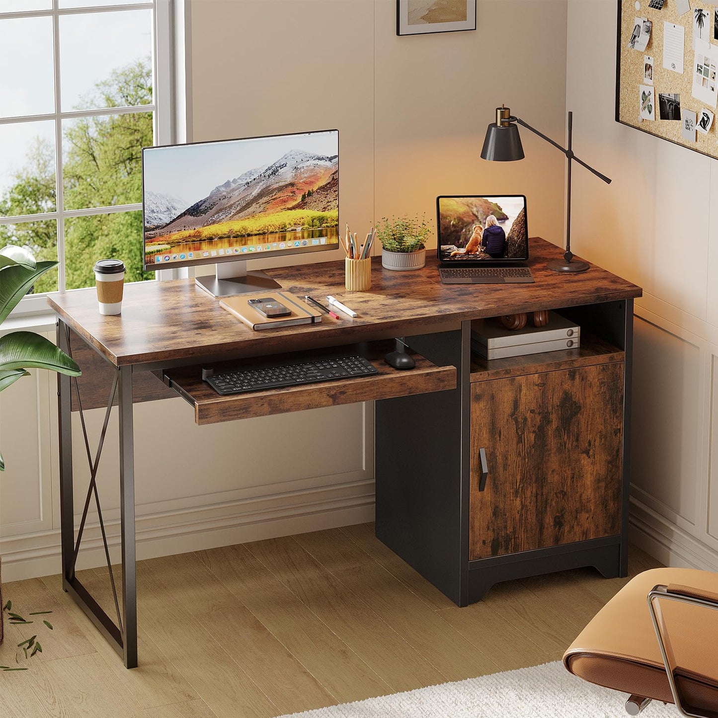 Bestier Office Desk with Keyboard Tray, 47 inch Industrial Computer Desk with Storage, Reversible Executive Desk with File Cabinet for Home Office Bedroom, Rustic Brown