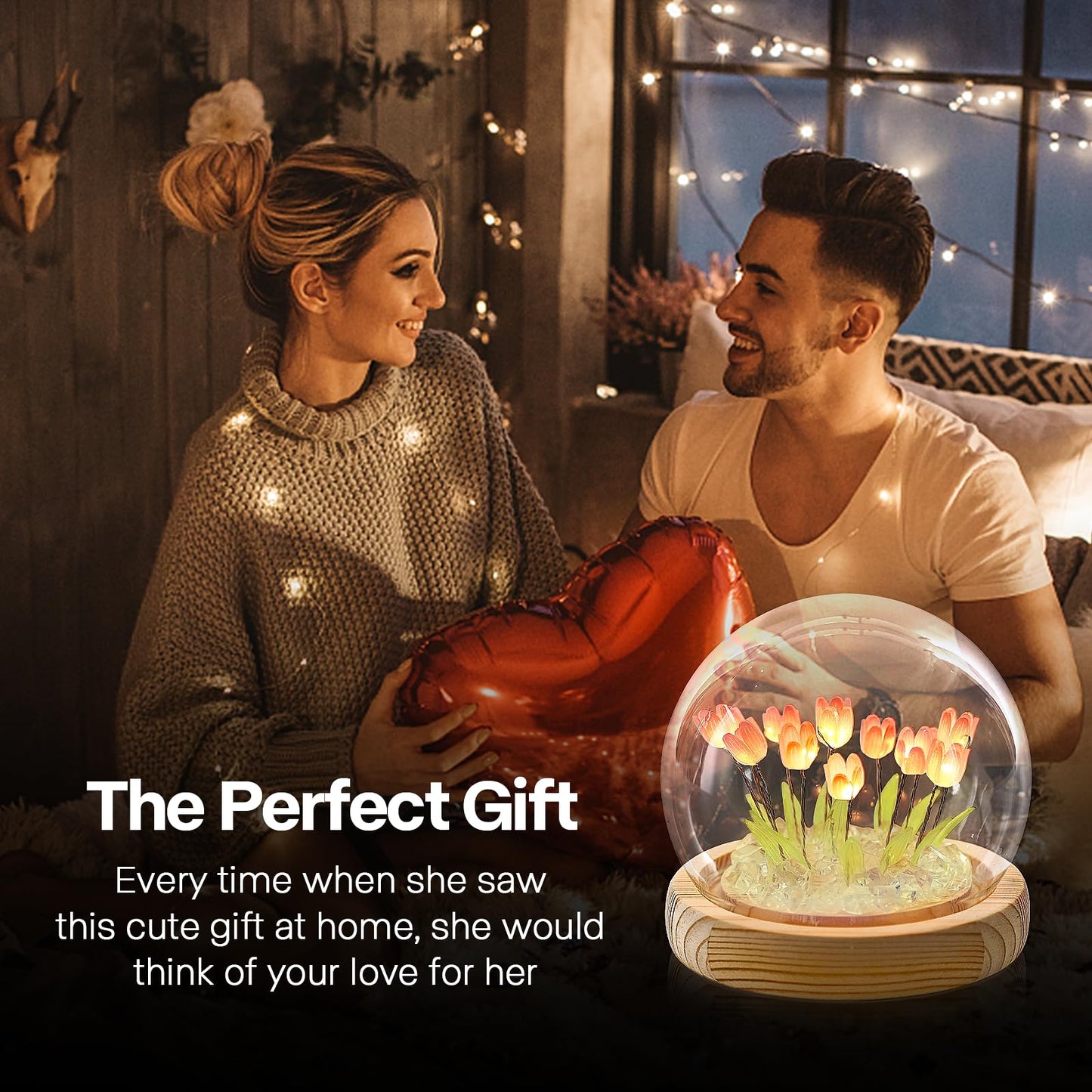 ONXE Birthday Flower Gifts for Mom,Tulips Night Light Small Glass Flower Lamp with Wooden Base for Home Decor Romantic Unique Christmas Gift for Women Girlfriend Sister Grandma Wife Her
