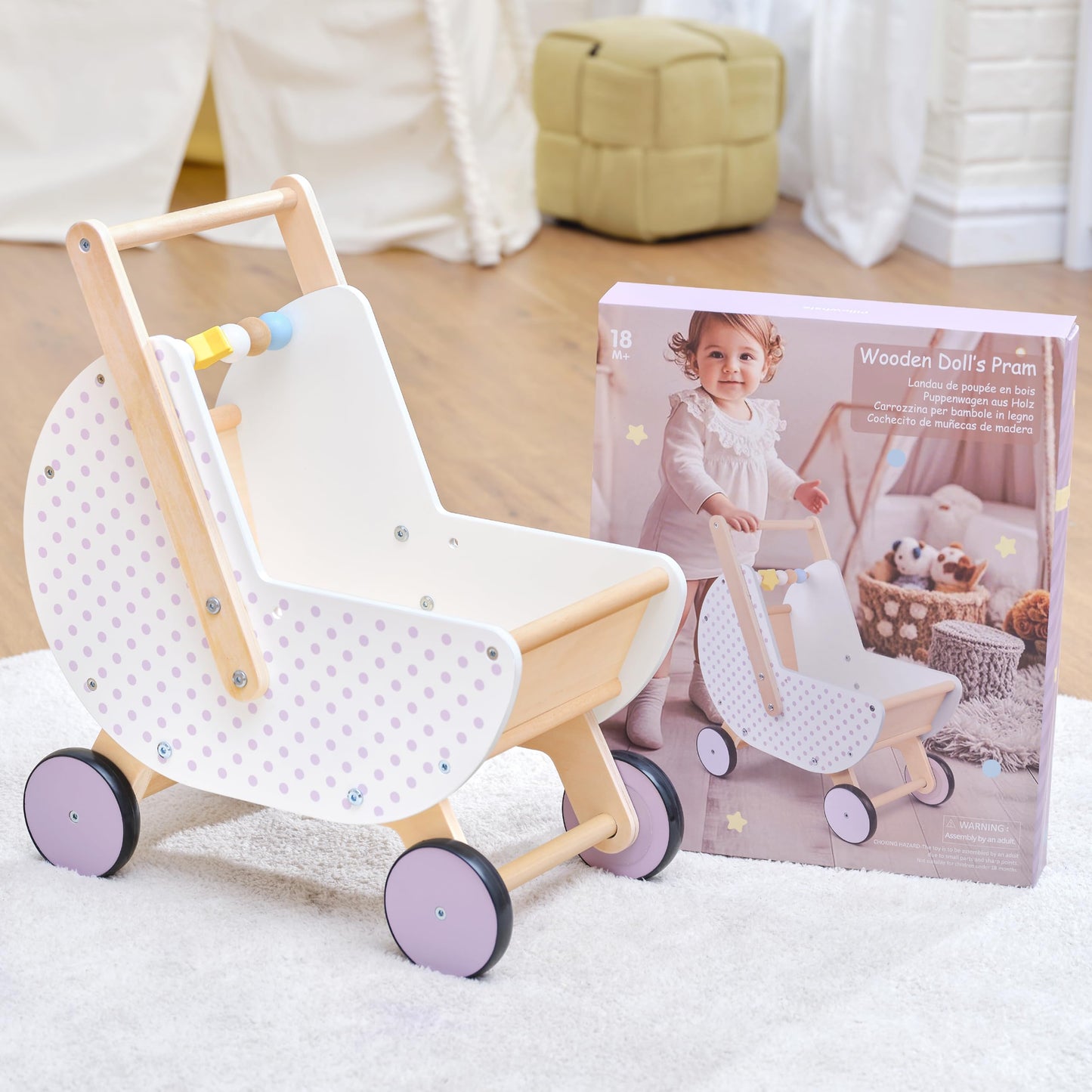 Pillowhale Wooden Baby Walker & Doll Stroller – Adjustable Handle Push Cart, Anti‑Tip, Quiet Wheels, Pretend Shopping Cart – Montessori Wooden Walker for Babies, Doll Stroller for Toddlers 12m+