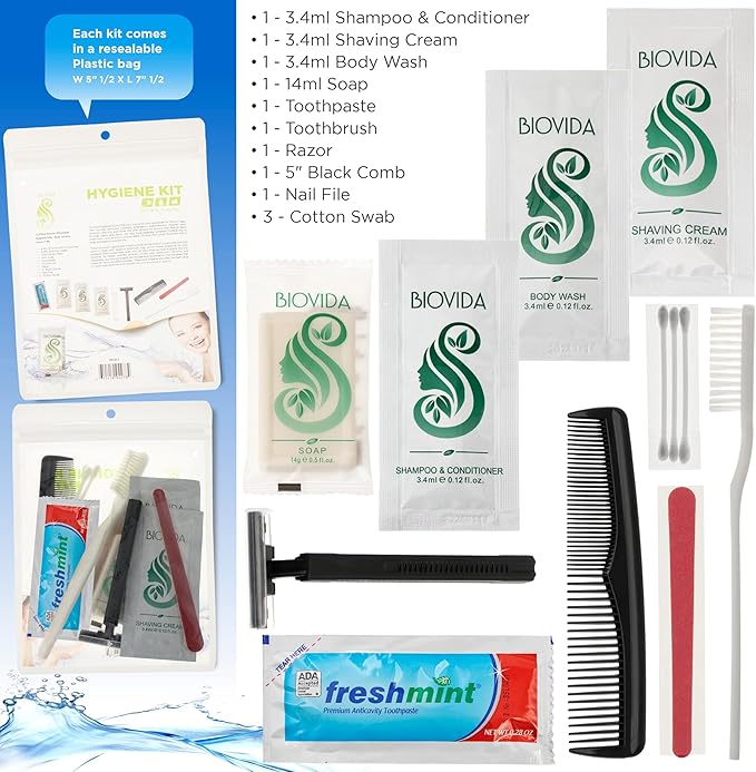 Moda West 96 Hygiene Kits – Bulk Case of Wholesale Basic Toiletry Kits for Men, Women, Travel, Charity 12 Pc Kit, Unisex, Compact Travel Essentials, Ideal for Donations Homeless Shelters Bathroom