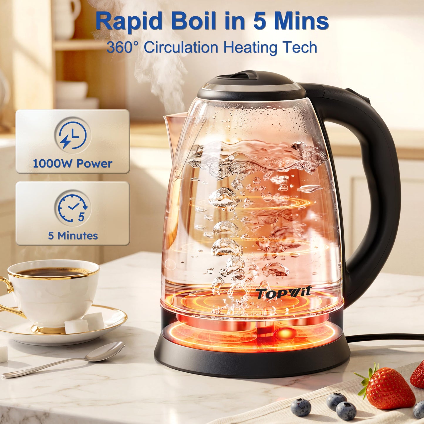 TOPWIT Electric Kettle, 2.0L Hot Water Kettle Electric, BPA-Free Stainless Steel Tea Kettle, Electric Kettles for Boiling Water with Fast Boil, Auto Shut-Off & Boil Dry Protection, Silver