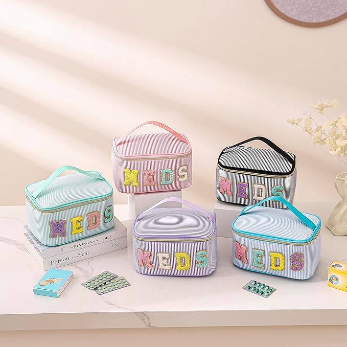 Chenille Letter MEDS Makeup Bag,Large Size Striped Medicine RX Cosmetic Bag with Top Handle, Aesthetic Seersucker First Aid Travel Organizer Bag for Women Girls(02Light Green)