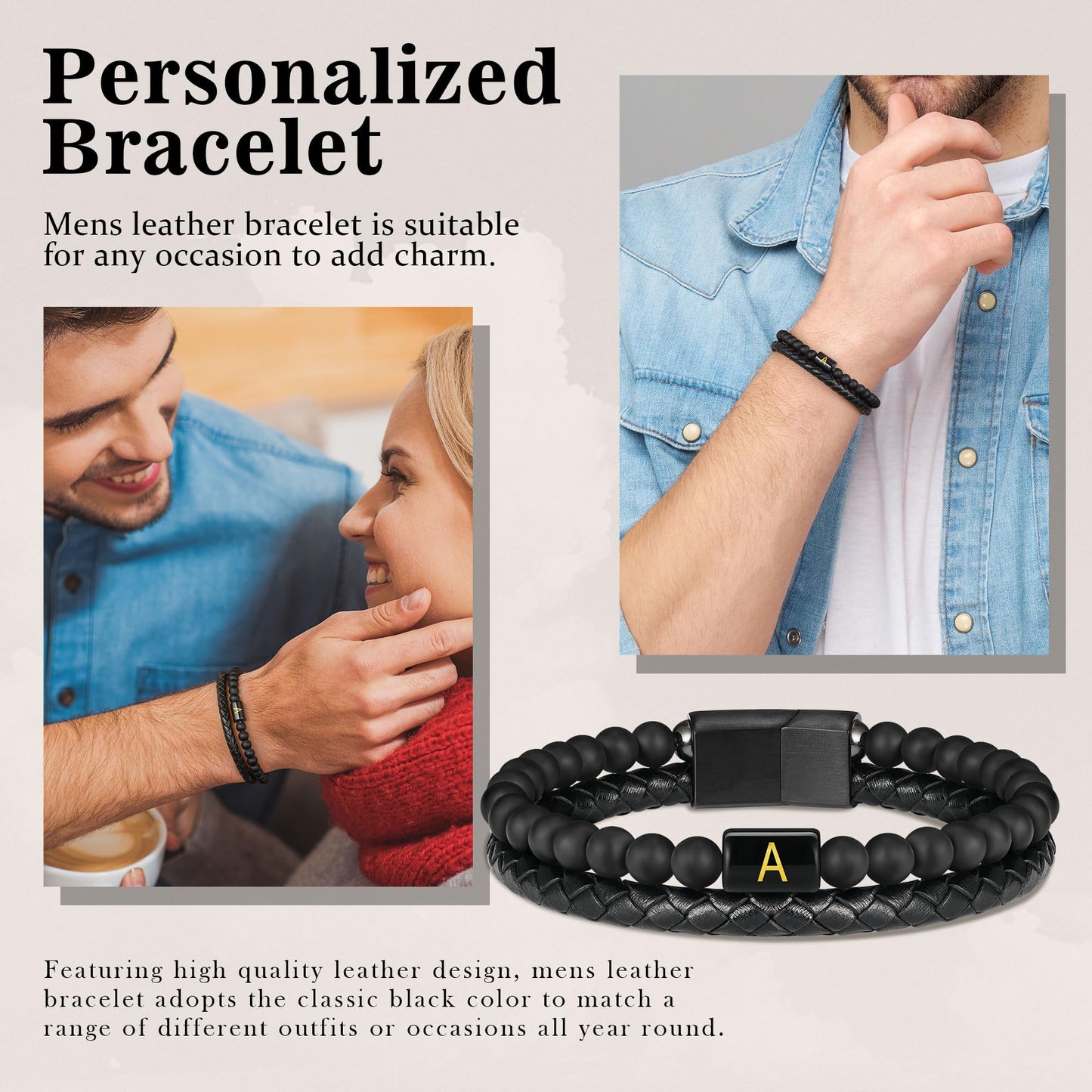 Mens Leather Bracelet with Initial - Men Gift Matte Agate Bead Magnetic Clasp Black Leather Bracelets Mens Gifts Men Bracelets with Initial Y Bracelet for Men's Jewelry Men's Gifts for Dad Husband Him