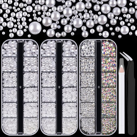4000PCS Flatback Rhinestones and Half Round Pearls Kit #10, Multi Size Glass Clear & AB Crystals, Plastic Flat Back White Dome Bead with Pickup Pencil and Tweezer for Nail Art