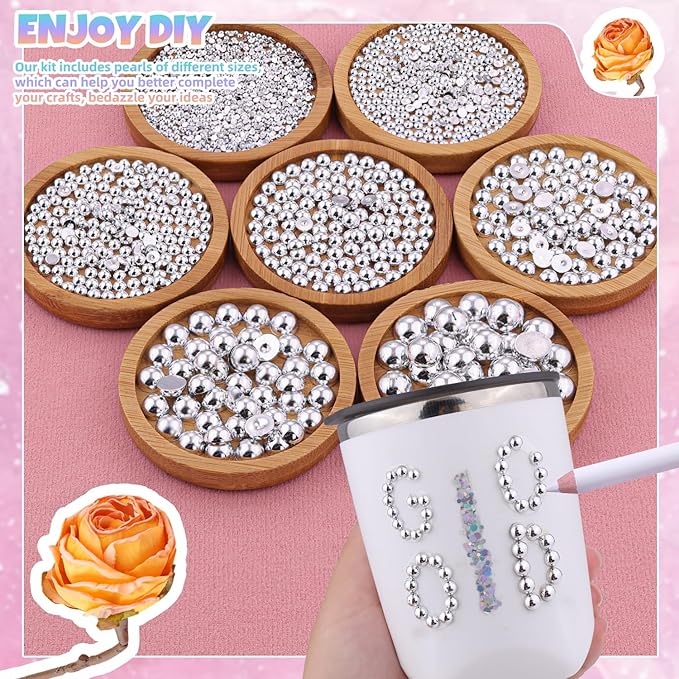 Nail Art Flat Back Half Round Pearl Kits 3, Mixed Sizes 6000 Pcs Silver Small Pearls for Nails with Picking Tools for Graduation Cap Decorations Home DIY Body Face Craft Salon Use