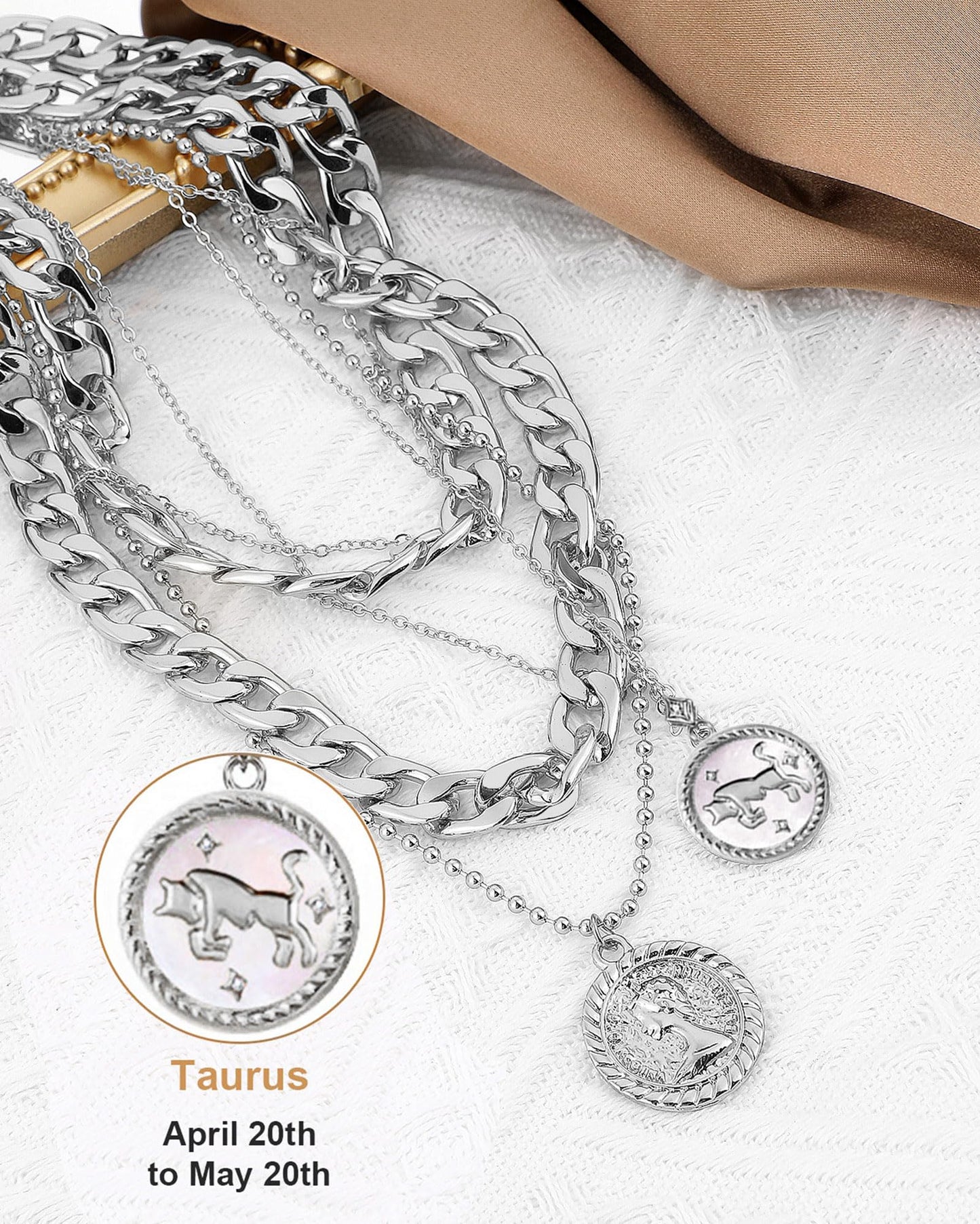 MJartoria Gold Layered Necklaces for Women Trendy Retro Coin Pendant Necklace Dainty Chunky Chain Choker Necklaces for Jewelry Birthday Gifts (Silver, Zodiac-Taurus-3PCS Layered)
