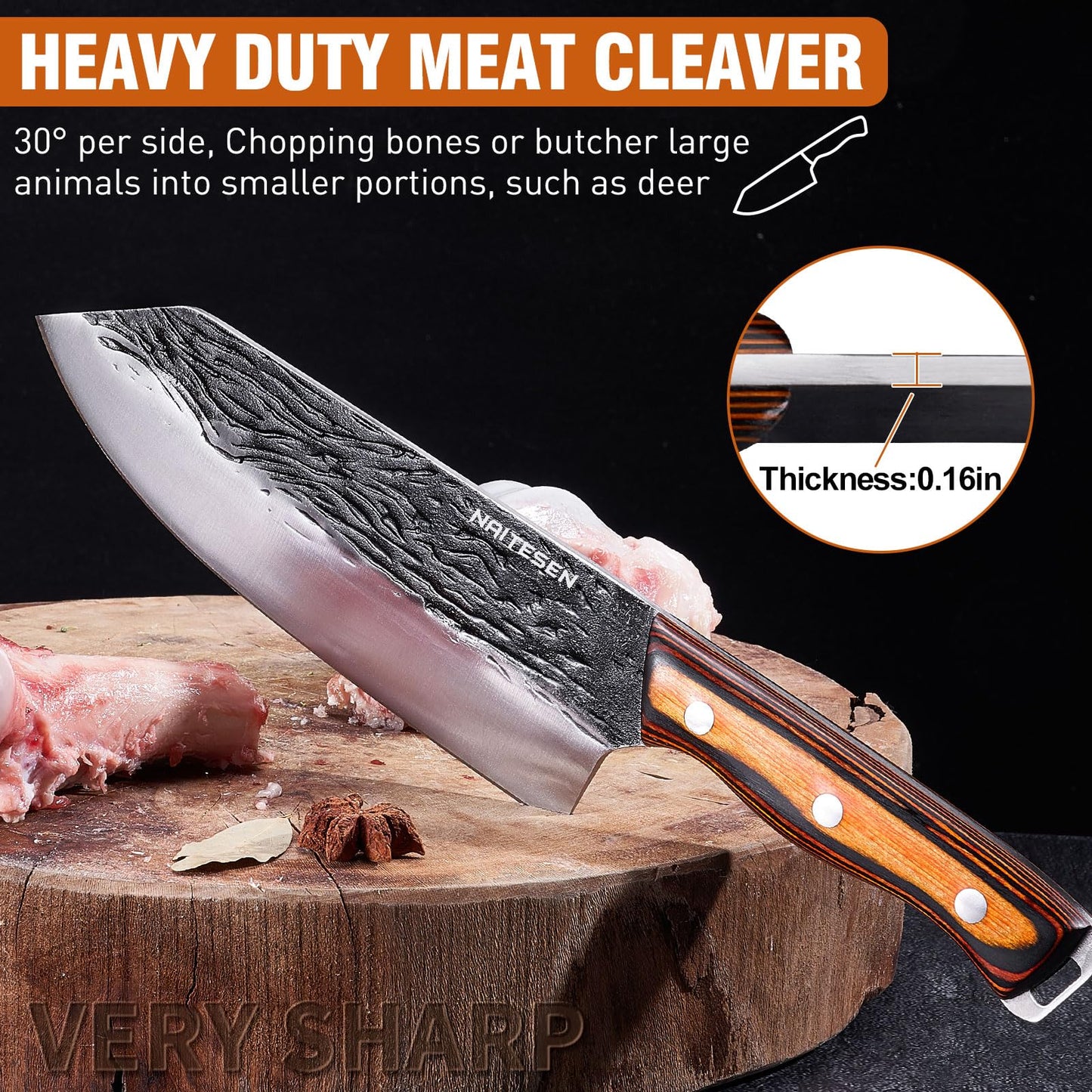 Naitesen 4PCS Hand Forged Butcher Knife and Kitchen Knife 2 in 1 Set, Heavy Duty Meat Cleaver Serbian Chef Knife Breaking Knife Boning Knife for Meat Cutting BBQ Gifts for Men Women