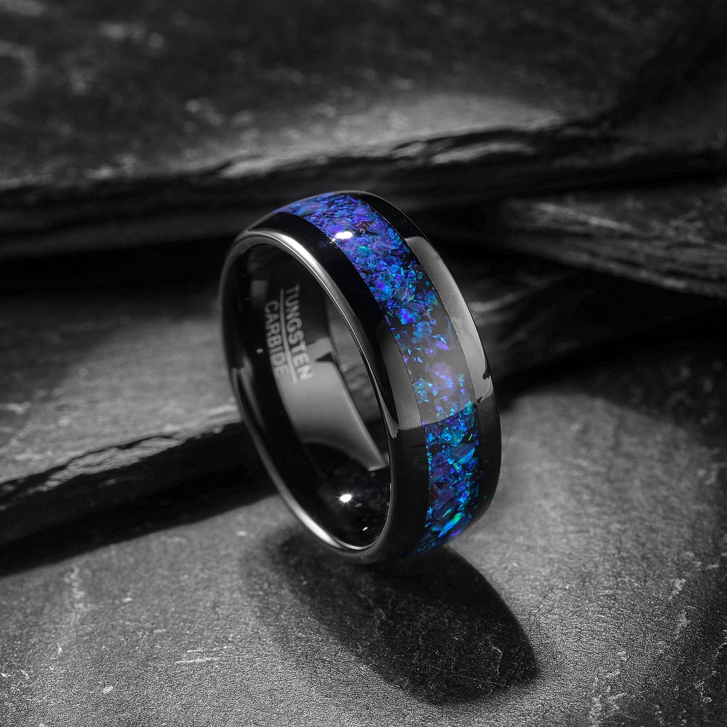NUNCAD Men's Ring 8mm Tungsten Black with Blue Opal - Comfort Fit, Sizes 12