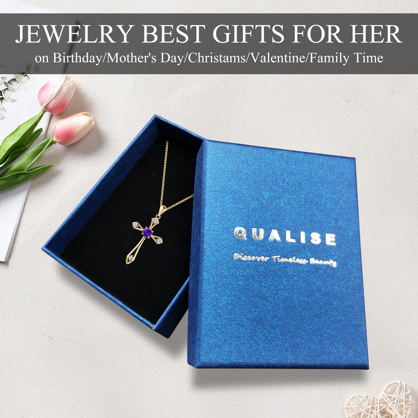 14K Gold Plated Solid Cross Necklace for Women,925 Sterling Silver Ladies Faith Cross Birthstone Pendant Christian Religious Confirmation Baptism Everyday Fine Jewelry Anniversary Birthday Gifts for Mom,Girlfriend,Grandma,Sisters
