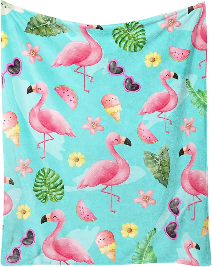 Flamingo Blankets Gifts - 50 x 60 Inches Cute Throw for Girls & Women - Green Soft Fuzzy Plush Flamingo Blankets for Sofa