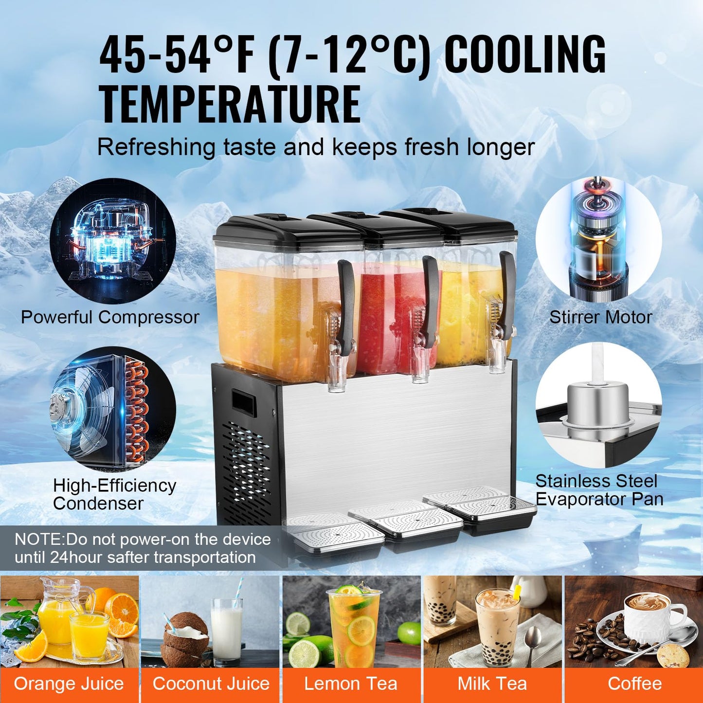 VEVOR Commercial Beverage Dispenser, 3 Tanks 12 L / 12.7 QT Per Tank Juice Dispenser, 370W Stainless Steel Ice Tea Drink Machine with 45°F-54°F Cooling Temperature, for Cold Drink Restaurant Bar Party