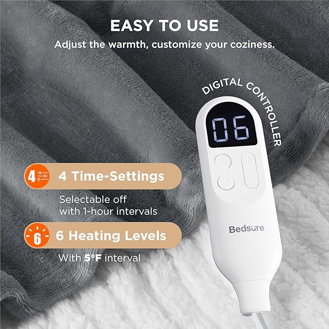 Bedsure Heated Blanket Throw Blanket - Fast Heating Electric Blanket, GentleSoft Flannel Heated Throw with 4 Time Settings, 6 Heating Settings, Warm Gifts for Grandma (50x60 inches, Grey)