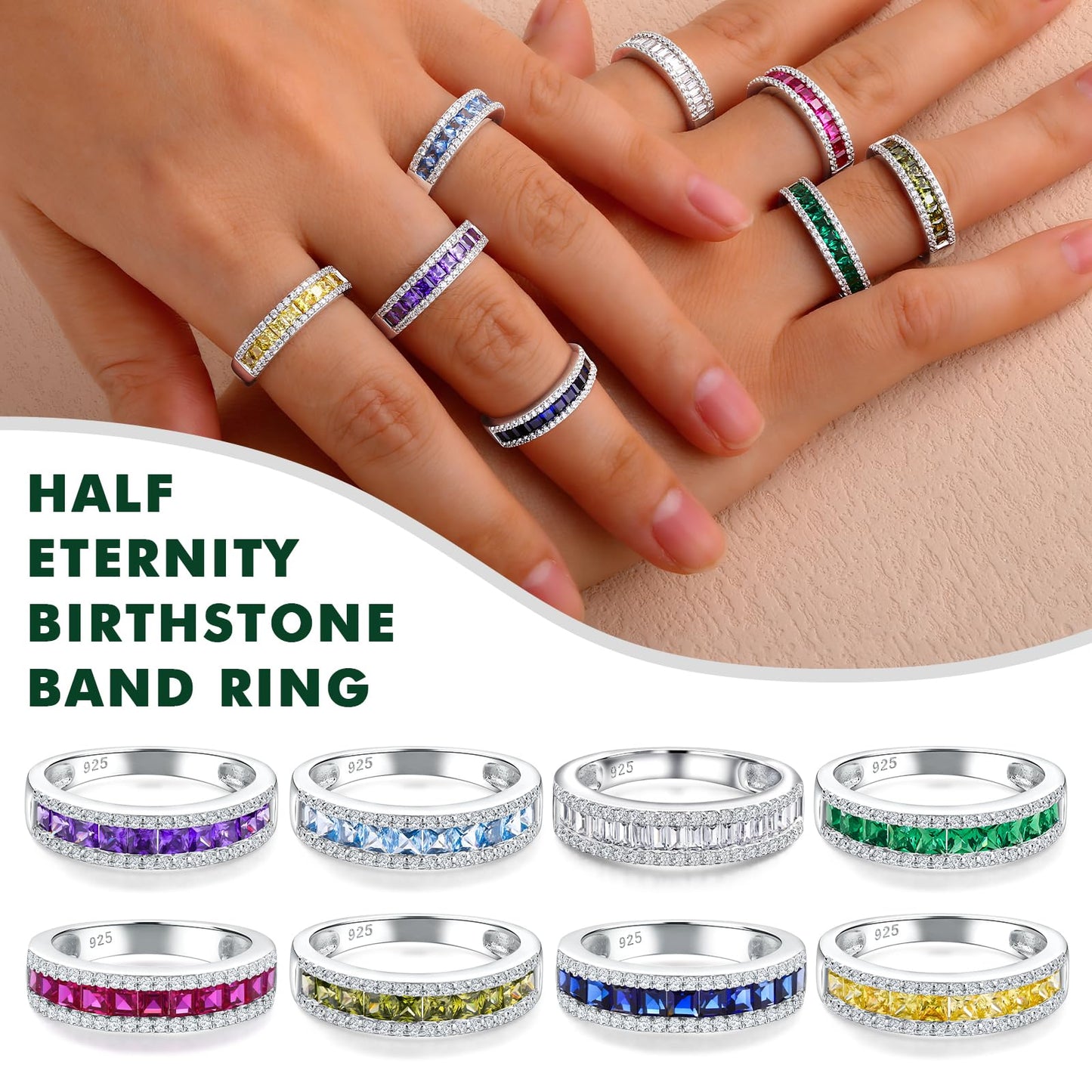 RANDES Amethyst Rings for Women Eternity Band 925 Sterling Silver Channel Set Princess Cut February Birthstone Ring Size 6