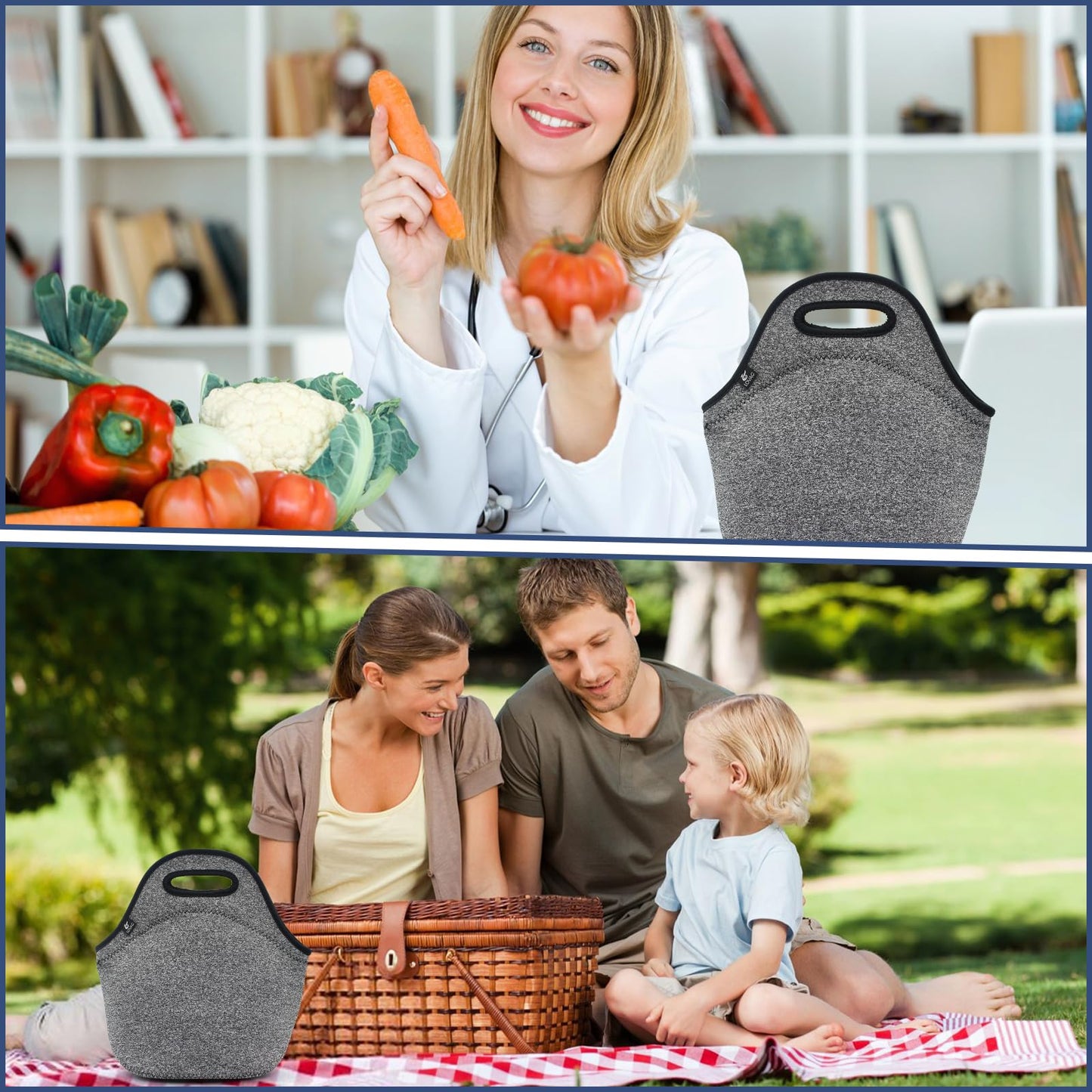 LOVAC Insulated Neoprene Lunch Bag for Men,Reusable Lunch Tote,Durable and Waterproof Lunch Bags,Soft and Lightweight (Black-Grey)