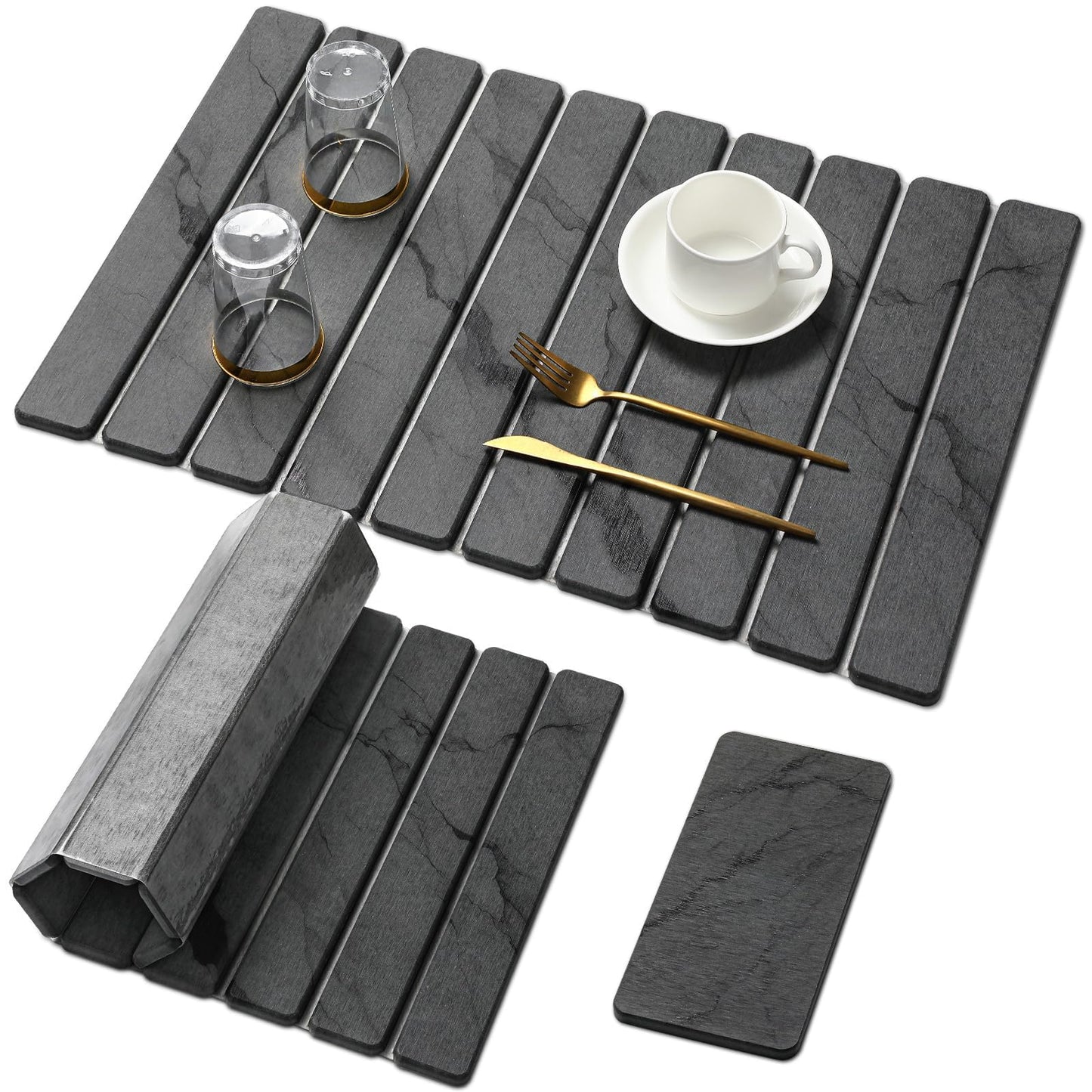 Large Stone Dish Drying Mat for Kitchen Counter, Quick Dry Stone Dishes Mats,Foldable Water Absorbing Diatomaceous Earth Drying Organizer Pad for Plate Rack Bottles Utensils(Dark Gray 24"×16" & 8"x4")