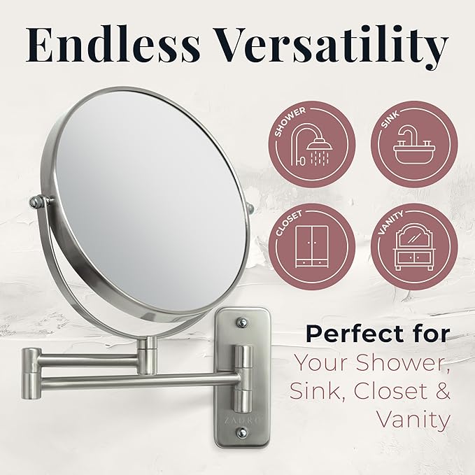 Zadro 7" Wall Mounted Wardrobe, Vanity Makeup Mirror with Magnification & Extending Arm (Large | 12.25" x 12" | 8X/1X, Chrome)