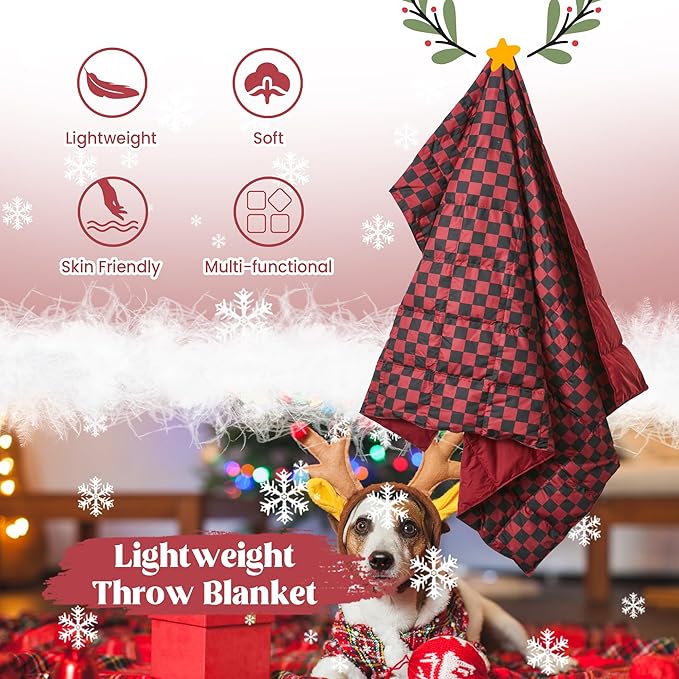 puredown® Lightweight Checkered Couch Throw Soft Feather Down Throw Blanket for Indoor and Outdoor Use, 50"X70", Black and Red