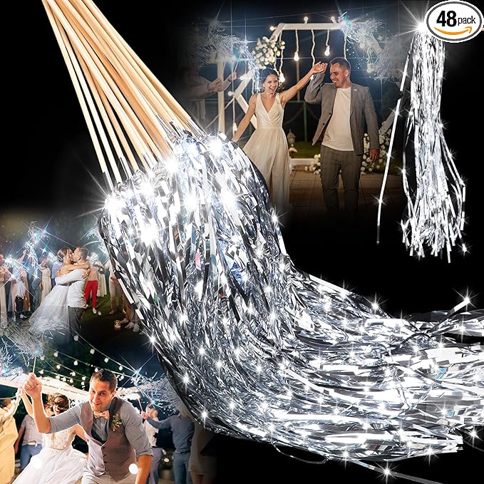 48 Pcs Lighted Wedding Wands LED Tinsel Wands Streamers Wedding Sparklers Send Off Light Sticks for Reception Birthday Exits Baby Shower Concert Christmas Party Favors(Silver)