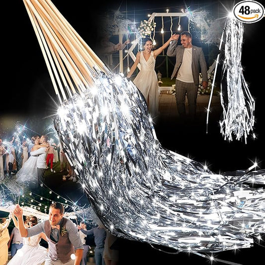 48 Pcs Lighted Wedding Wands LED Tinsel Wands Streamers Wedding Sparklers Send Off Light Sticks for Reception Birthday Exits Baby Shower Concert Christmas Party Favors(Silver)