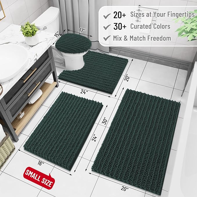 Arotive Luxury Chenille Bathroom Rug Mat, Extra Soft Thick Absorbent Shaggy Bath Rugs, Non-Slip Machine Wash Dry, Plush Bath Mats for Bathroom, Shower and Tub, 70x24, Dark Green