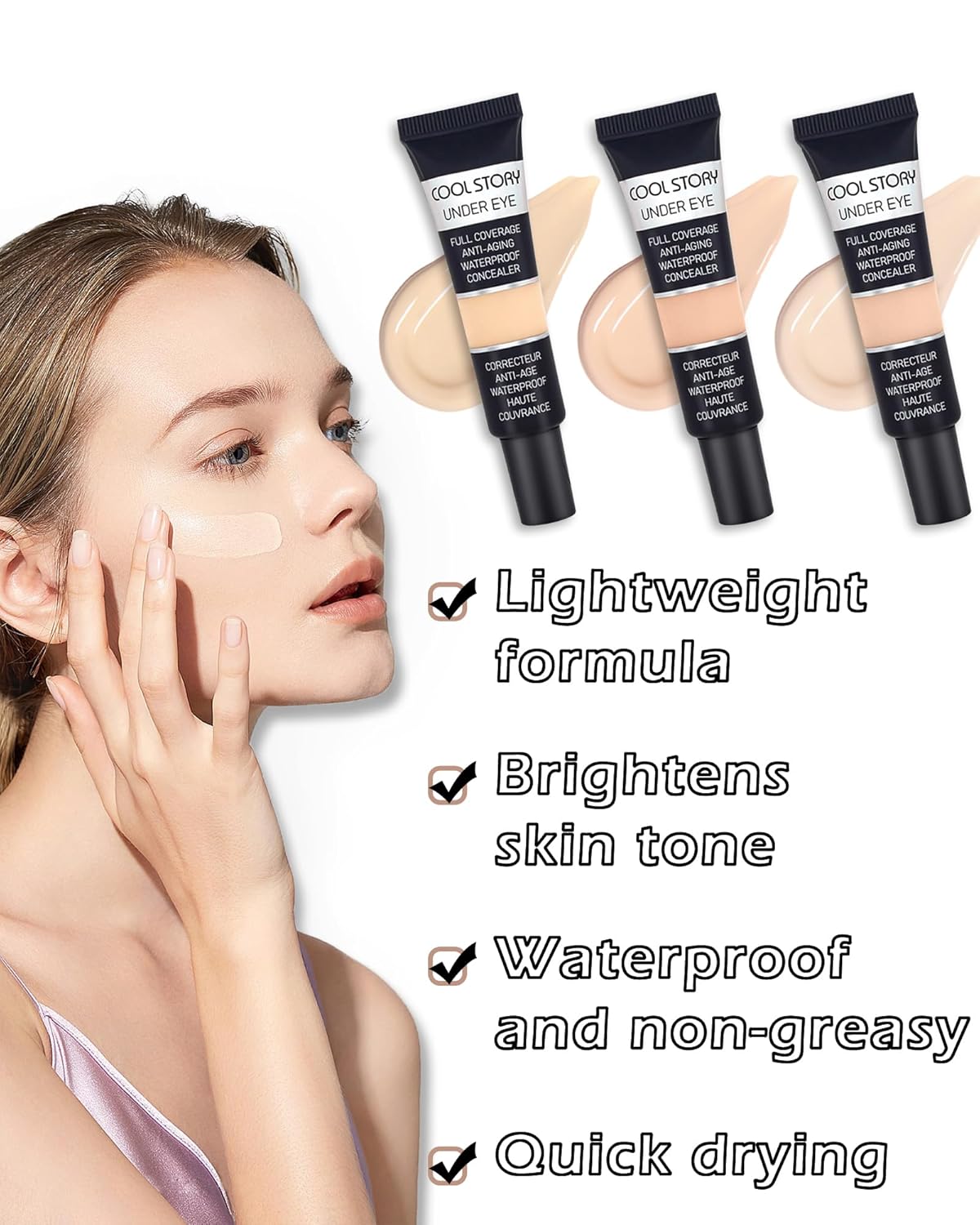2 PCS Under Eye Concealer Full Coverage, Waterproof Color Correcting Concealer All Day Coverage Dark Circles, Puffiness, Redness, Lightweight Cream Foundation Brightener, Natural Matte Finish, light W