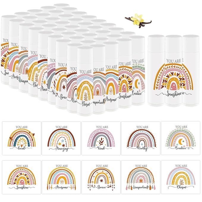 50 PCS Bohemian Rainbow Lip Balm Bulk Inspirational Words Appreciation Gift for Women Thank You Gifts Moisturizer Lips for Baby Shower Coworkers Friend Wedding Bridal Shower Thanksgiving Christmas