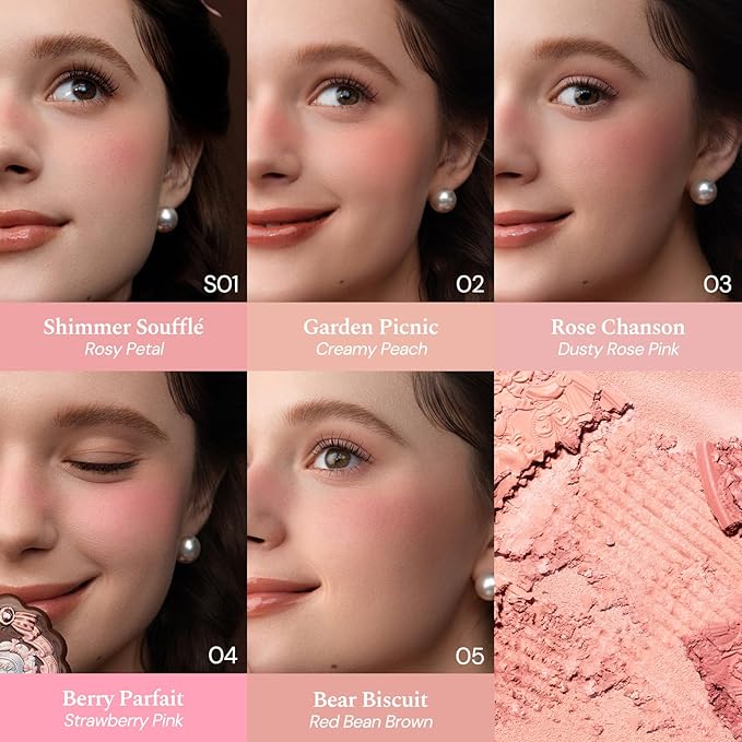 Flower Knows The Sweetie Bear Collection Silk Satin Blush,Seamless Soft Blendable Pressed Powder Pink Blush,Highly Pigmented & Long Lasting Natural Finish,0.18 Oz(03 Rose Chanson)